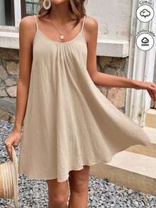 Vestido de verano de algodón de unicolor con tirantes finos tipo musculosa, estilo vacacional para mujer - Albaricoque - Ver 2