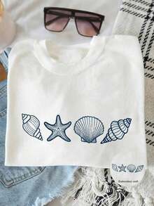 Camiseta de manga corta de cuello redondo casual con estampado de conchara mujeres, de verano - Blanco - Ver 2