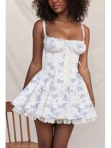 Women's Short Dress With Lace Straps And Fitted Design - 藍色 - 查看 3