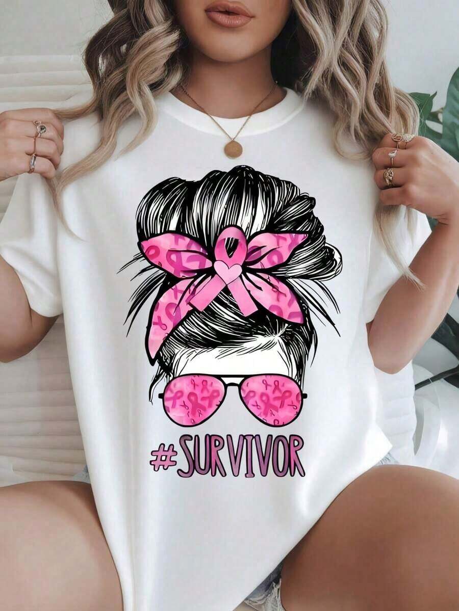 Women's Vintage Casual Short Sleeve T-Shirt - Summer Top With Round Neck, Pink Bow, Sunglasses And Survivor Print, Machine Washable, Women's T-Shirts, Casual Wear, Modern Style, Comfortable Fit
BlackFashion - 白色 - 查看 1