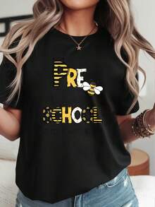 Stylish Everyday T-Shirt For Preschool Teachers, Round Neck Design, With "BEE Kind", "BEE Brave" And "Believe" Themes, A Cute Teacher Outfit, Preschool Team T-Shirt, T-Shirt That Conveys Kindness, Chic And Fashionable T-Shirt. - 黑色 - 查看 5