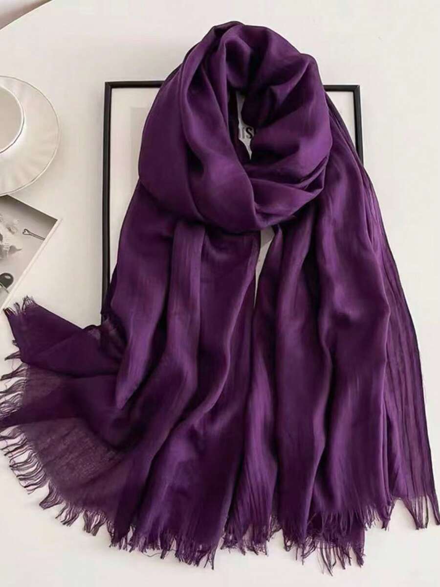 120g New Faux Linen Solid Color Tassel Scarf Shawl, Travel Gift, Bamboo Knit Plain Scarf - Dark Purple - View 1