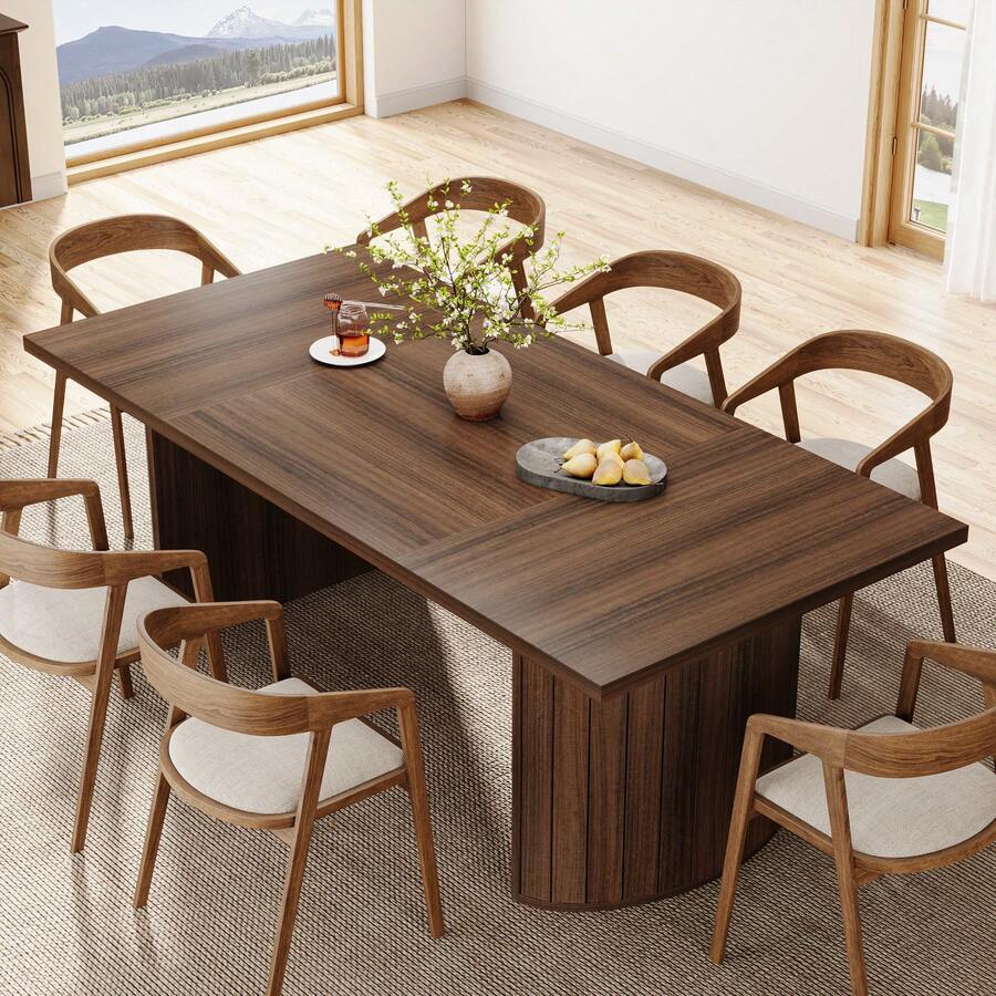 LITTLE TREE 78.7" Extra Long Dining Table For 6-8 People, Large Farmhouse Kitchen Table With Wooden Tabletop, Rustic Style Rectangular Dinner Table For Dining Room, Kitchen, Living Room, Walnut - Walnut Brown - View 1