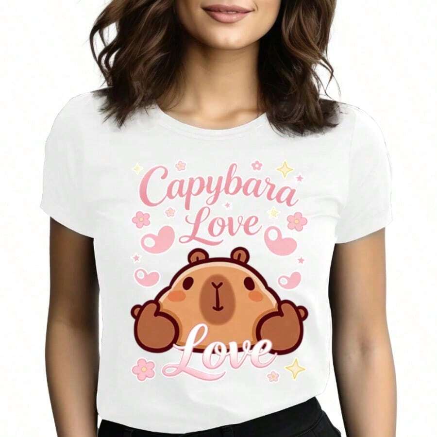Tops para mujer de Algodón con Estampado de Capibara para Mujer, Manga Corta, Cuello Redondo, Estilo Casual - Blanco - Ver 1