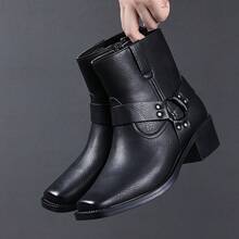 Men's Western Faux Leather Ankle Boots, Square Toe Metal Studded Harness Booties With Side Zipper Block Heel, Non-Slip Comfort Casual Cowboy Footwear - màu đen - Xem 5