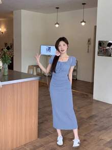 Y6Y 法国蓝女士春夏性感修身中长款方领连衣裙，优雅 - 霧霾藍 - 查看 3
