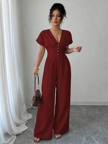 Mono elegante de pierna ancha de unicolor con cuello en V profundo y fruncido para mujer - Burdeos - Ver 3