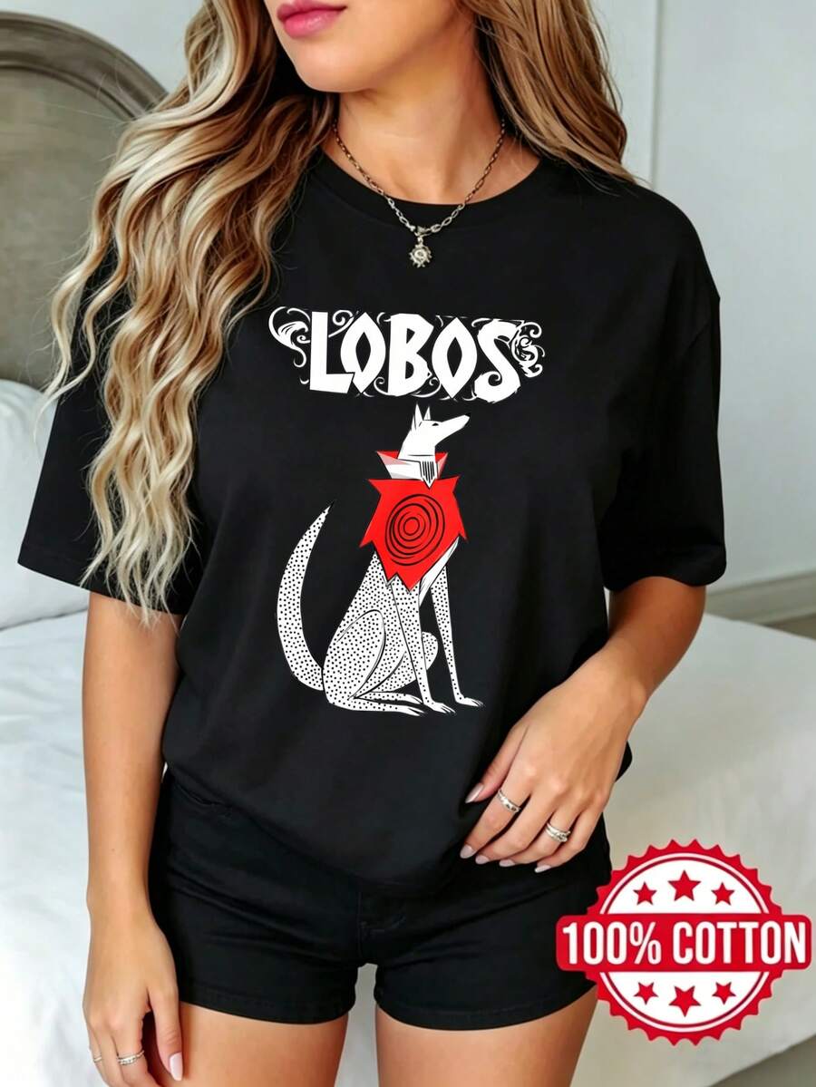 Camiseta negra de manga corta, cuello redondo y estampado para dama de verano Lo Lobo Rosa Diseño Impresión S-3XL Moda 100% aodón material transpirable