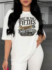 Camiseta de manga corta estampada de estilo vintage original de los años cincuenta, sin restaurar, de cuello redondo para primavera/verano, top de mujer para primavera/verano, adecuada para salidas diarias, esencial para otoño/invierno, perfecta para reuniones cotidianas, éxito de . - Blanco - Ver 3