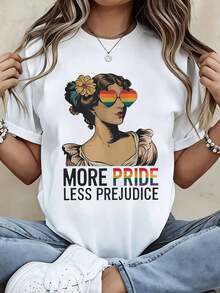 Women's  Minimalist Modern T-Shirt With Vintage Graphic Print Of Rainbow Heart And Sunglasses, Text 'More Pride Less Prejudice', For Casual Wear, Pride Month Celebration, LGBTQ Support Statement, Everyday Casual Style - 白色 - 查看 7