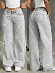 Quần jean ống rộng denim giặt cho nữ petite đính đá, phù hợp cho quý cô petite, tiệc tùng, chụp ảnh, hoạt động ngoài trời thường ngày - Màu Xám nhạt - Xem 1