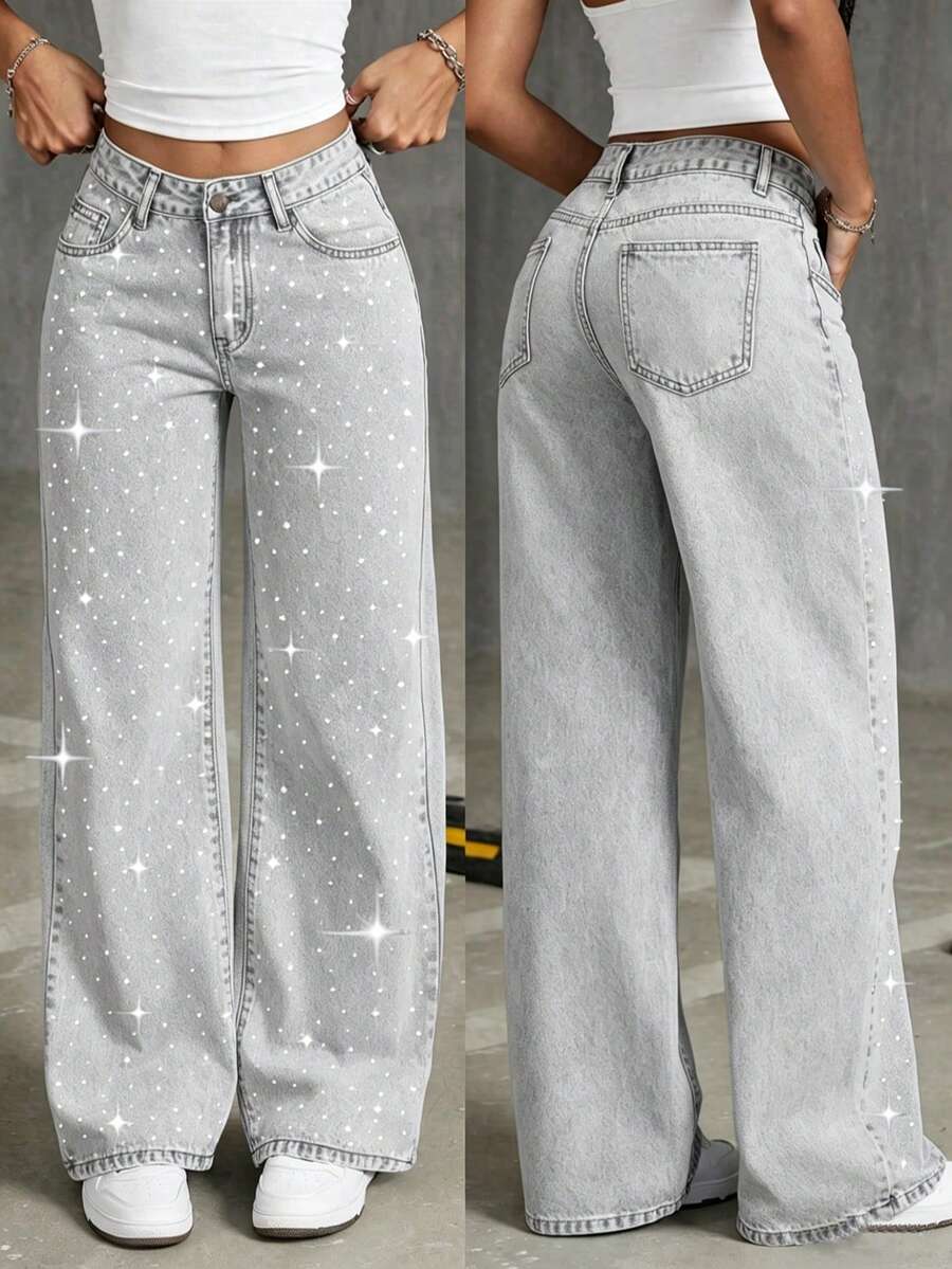 Quần jean ống rộng denim giặt cho nữ petite đính đá, phù hợp cho quý cô petite, tiệc tùng, chụp ảnh, hoạt động ngoài trời thường ngày - Màu Xám nhạt - Xem 1