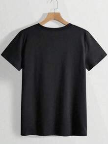 Camiseta de Cuello Redondo con Estampado de Letras GIRLS TRIP, Top Casual de Manga Corta para Primavera y Verano, Ropa de Mujer, 1 Pieza, 200gsm, Tejido de Punto de Poliéster con Cuello Redo - Negro - Ver 3