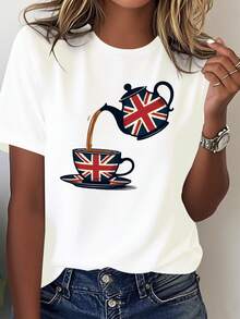 Camiseta de Mujer con Estampado de Té Británico - Diseño de Tetera y Taza Union Jack - Camiseta Casual Suave para Uso Diario - Lavable a Máquina para Todas las Temporadas - Ropa con Bandera Británica, adecuada para uso diario y eventos temáticos, estilo patriótico, estampado divertido, tela cómoda, imprescindible para los entusiastas del estilo británico, material transpirable. - Blanco - Ver 7