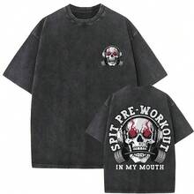 Fun Oversized T-Shirt For Men And Women, Vintage Style, Washed Skeleton Print, Gym Style, For Casual Workouts, Fitness, Girls' Clothing, Men's T-Shirt, Women's Blouses, Durable Cotton, Everyday Wear, With National Shipping - 黑與白 - 查看 12