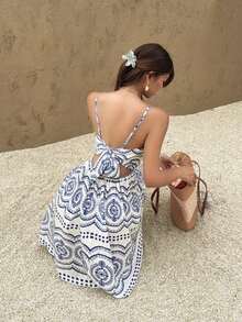 Vestido casual de tirantes con nudo delantero y espalda descubierta con estampado floral diminuto para vacaciones - Azul y blanco - Ver 2