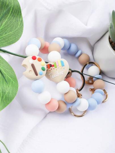 1pc Soft Cozy Teacher Keychain, Morandi Colorful Matte Silicone Beads With Palette/Heart-Shaped Teacher Charm, Metal Lobster Clasp, Anti-Lost Key Ring, Perfect For Keys, Bags Or Wrist Wear