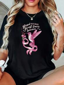 Talla Grande, 1pc Camiseta de Sobreviviente de Cáncer de Mamara Mujeres Talla Grande - Estampado de Flamenco Rosa obreviviente, Tela Cómoda de Micro-Estiramiento, Top de Concienciación sobre el Cáncer para Grupos y Atuendo Casual, Adecuado para Tallas Grandes () - Negro - Ver 2
