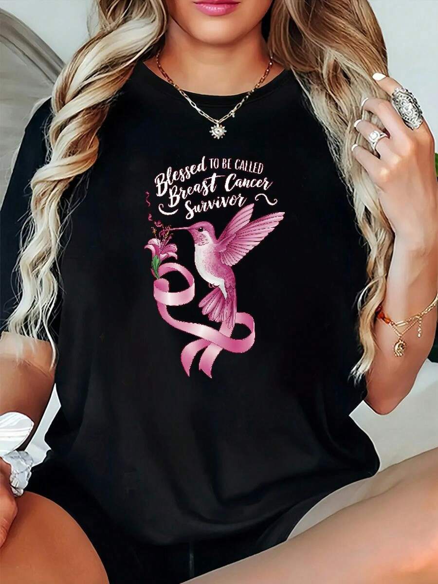 Talla Grande, 1pc Camiseta de Sobreviviente de Cáncer de Mamara Mujeres Talla Grande - Estampado de Flamenco Rosa obreviviente, Tela Cómoda de Micro-Estiramiento, Top de Concienciación sobre el Cáncer para Grupos y Atuendo Casual, Adecuado para Tallas Grandes ()