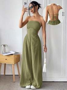 Mono de pierna ancha informal de mujer de talla grande, de algodón, con tirantes finos y espalda descubierta, para verano - Verde militar - Ver 1
