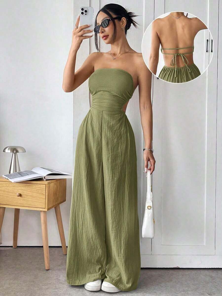 Mono de pierna ancha informal de mujer de talla grande, de algodón, con tirantes finos y espalda descubierta, para verano - Verde militar - Ver 1