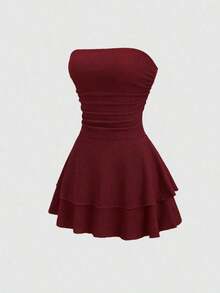 Vestido mini de punto sin tirantes de unicolor minimalista para mujer, vestido de pastel de múltiples capas - Burdeos - Ver 1