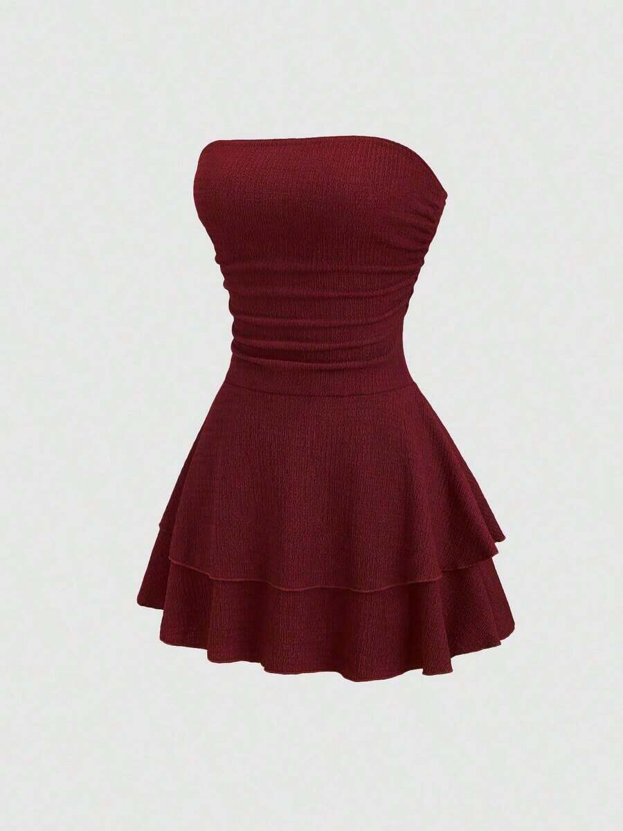 Vestido mini de punto sin tirantes de unicolor minimalista para mujer, vestido de pastel de múltiples capas - Burdeos - Ver 1