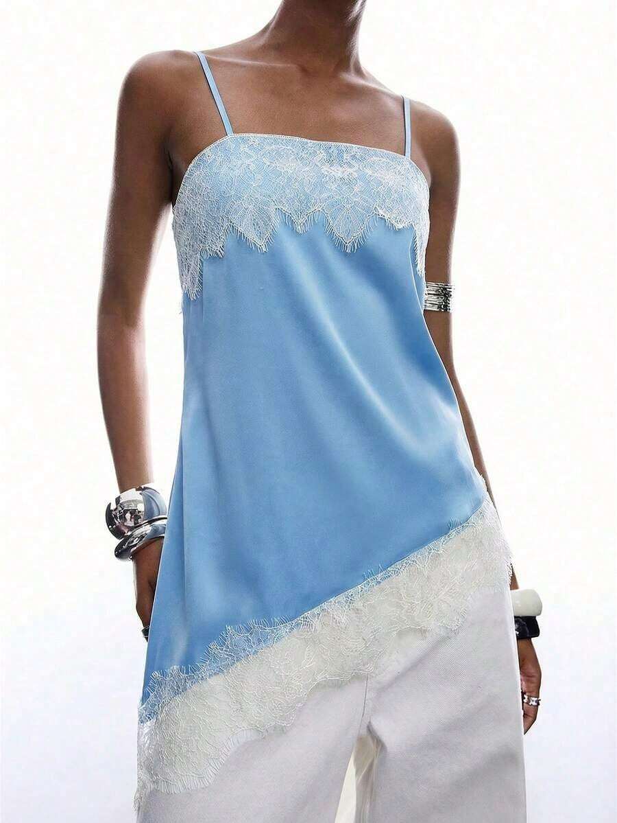 Camiseta de mujer con encaje asimétrico y contraste - Azul 2 - Ver 1