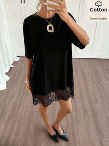 Vestido corto de verano de mujer con cuello redondo, mangas cortas de hombros caídos, parches de encaje y diseño holgado de un solo color - Negro - Ver 9