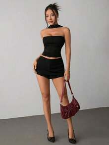 Top corto de mujer elegante y sexy con cuello halter y espalda descubierta - Negro - Ver 6