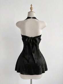 Vestido de fiesta mini con diseño de mariposa, cintura ceñida y sexy, con diseño de lazo de mariposa en la espalda, estilo dulce con bloqueo de color y malla - Negro - Ver 2
