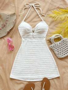 Vestido mini con textura, escote en V, decoración de estrella de mar metálica, cuello con lazo, espalda descubierta, ideal para vacaciones, citas, té de la tarde, días festivos, festivales de música, estilo bohemio - Blanco - Ver 4