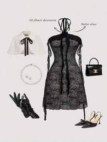 Vestido de malla elástica de punto para mujeres con decoración floral, volantes sin mangas en color lila - Negro 2 - Ver 1