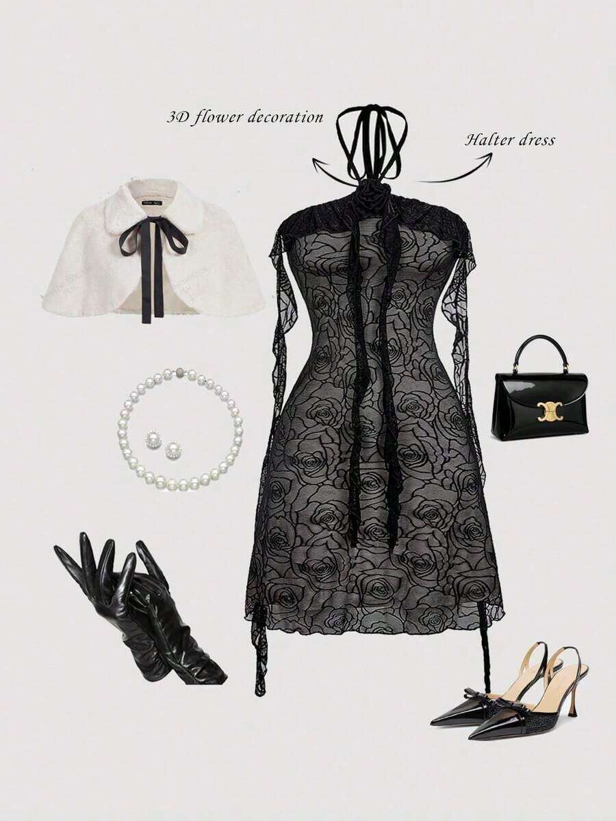 Vestido de malla elástica de punto para mujeres con decoración floral, volantes sin mangas en color lila - Negro 2 - Ver 1