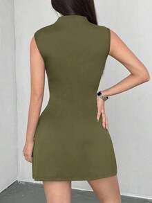 Vestido casual de mujer de un solo color, de corte delgado y sin mangas, primavera - Verde militar - Ver 2
