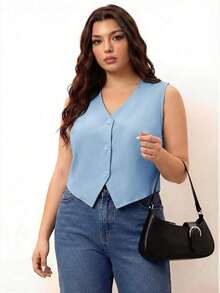 Chaleco negro ligero de talla grande, ropa de oficina para mujer, para silueta de manzana y redondeada, para el verano - Azul - Ver 4