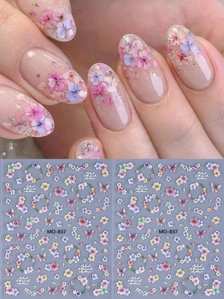 2片裝粉紫色黃色小花乾花蝴蝶美甲貼紙,夏季自黏式美甲貼花,美甲裝飾DIY沙龍美甲用品 - 彩色 - 查看 1