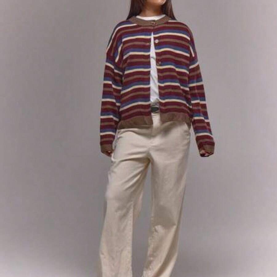 Oversized Button Through Drop Shoulder Knitted Stripe Jumper , , Old Money, Cute, Country, Cottage Core, Casual Lounge Cardigan For Women Butterscotch Work Office Winter Chic Spring Sweater Vacation - Verde militar - Ver 1