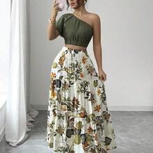 Allover Print Crop One Shoulder Blouse & Ruffle Hem Skirt - Rosa - Ver 8