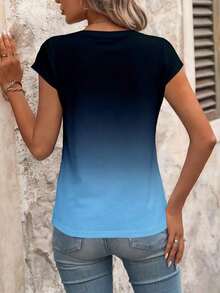 Blusa de rayas de verano casual para vacaciones, de manga corta y cuello en V, minimalista y versátil para uso diario y viajes, estilo coreano suave y apropiada para la oficina - Azul 2 - Ver 2