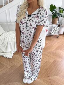 Disney 2pcs Women Knit V-Neck Bow Decor Printed Pajama Set - Light Grey - View 3