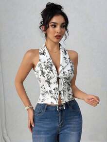 camisa sin mangas para ir al trabajo y de vacaciones con cuello vuelto, lazo y estampado floral 3D, color azul - Negro - Ver 4