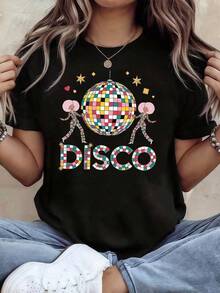 Disco Ball Grafik Muster T-Shirt Damen Frühling - Sommer Kurzarm Rundhals Casual T-Shirt, Alltag Lässig, Geschenk Damen Sommer Casual Grafik Muster T-Shirt Kurzarm Rundhals Weich Atmungsaktiv Tee Tops für Alltag Streetwear, Damen Sommer Bekleidung - Schwarz - Übersicht 1