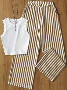 Conjunto de chaleco y pantalones a rayas casuales con cintura para mujer, adecuado para la oficina y el jardín, primavera/verano blanco elegante - Marrón Mocha - Ver 6