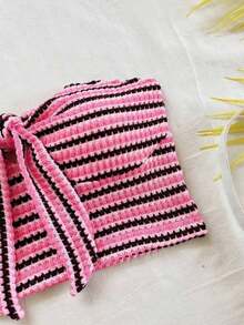 2 piezas Conjunto de top corto a rayas y shorts de cintura alta para mujer, adecuado para vacaciones, citas, té de la tarde, playa, crucero, viaje a la ciudad, festival de música, estilo bohemio de playa - Rosa Fucsia - Ver 6