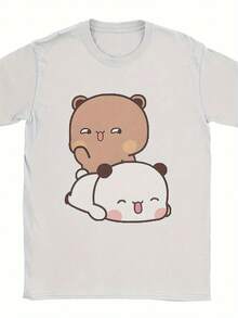 Camiseta divertida con estampado temático de Pascua, Serie Humorística Bubu Dudu Friends - Camiseta blanca de manga corta y cuello redondo, estampada con lindos dibujos animados de panda y oso color moca, lavable aáquina, adecuada como regalo de cumpleaños, estilo juguetón, ropa casual duradera, para uso diario. - Blanco - Ver 1