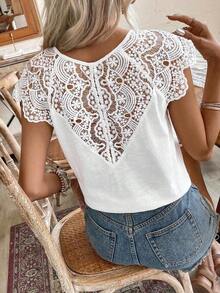 Frenchy Camiseta de algodón de bambú de unicolor de verano con parche de encaje blanco soluble en agua y escote en V. Cómoda y transpirable para uso diario, vacaciones y viajes.Estilo Cottagecore, blanco, temporada de bodas - Blanco - Ver 3