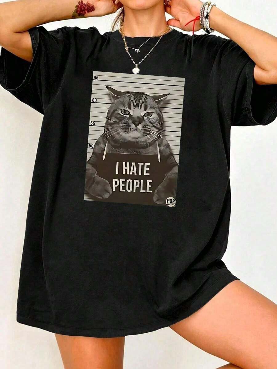 Playera Oversize con Estampado de Gato "I Hate People", 100% Algodón, Divertida y Sarcástica, Negro Lavado Vintage, Estilo Urbano, Manga Corta Casual - Negro - Ver 1