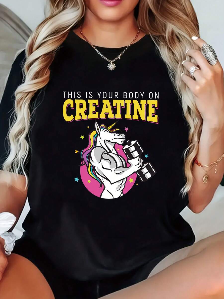 Camiseta de Cuello Redondo para Mujer Talla Grande "Rey de los Músculos" - Diseño de levantamiento de pesas, top transpirable de manga corta y cuello redondo en color blanco, corte regular para uso casual, ropa divertida con estampado duradero Blusas Para Mujer Casual