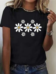 Camiseta de manga corta con estampado floral de margaritas negras para mujer |       Camiseta casual de cuello redondo y corte relajado con tela transpirable de elasticidad media. |       Camiseta suave no transparente para primavera, verano y otoño |        Disponible |       Ropa de Vacaciones Sencilla y Elegante |       Camiseta 100% algodón lavable a máquina - Negro - Ver 6